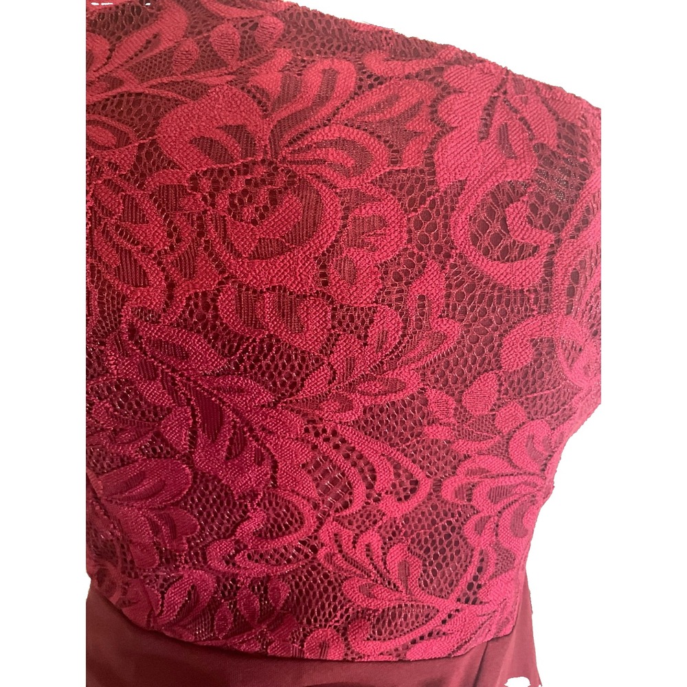 One Shoulder Burgundy Floral Pleated Waist High Side Slit Formal Dress - Picture 8 of 12